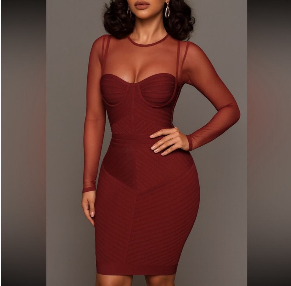 House of CB Coquette Lolita Feminine Noelle Bandage Sheer Sleeve Dress Red sz XS